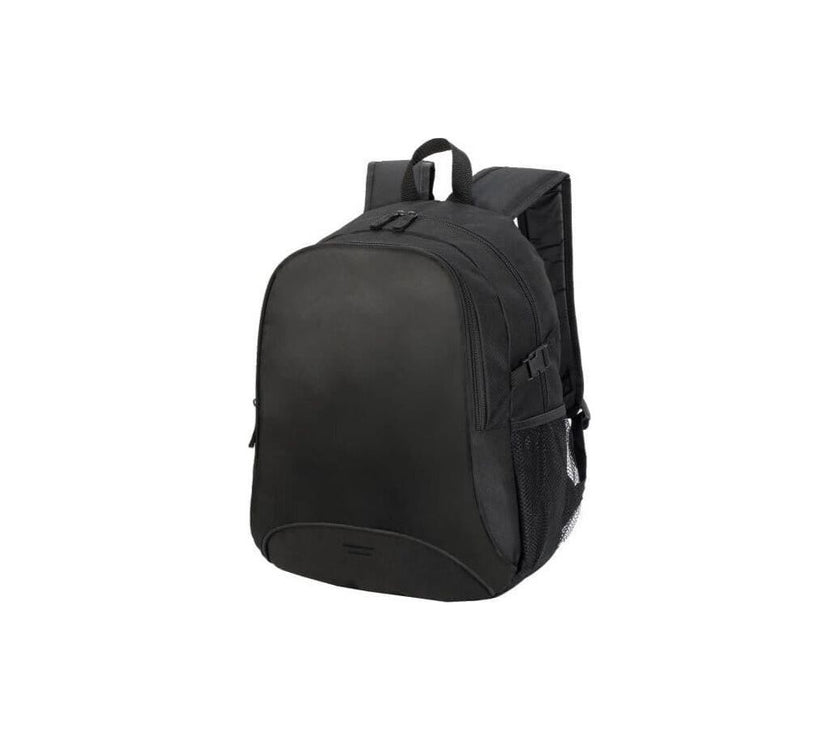 Backpack with Two main compartments, Two side mesh pockets, Adjustable padded shoulder straps, Webbed carrying handle