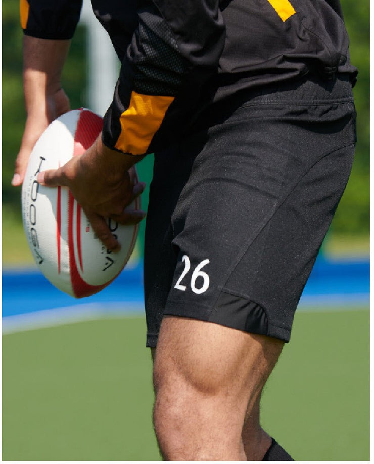 PROFESSIONAL QUALITY PLAYING RUGBY SHORT, Durable, 220gsm high tenacity polyester twill fabric
4-way stretch panelling.