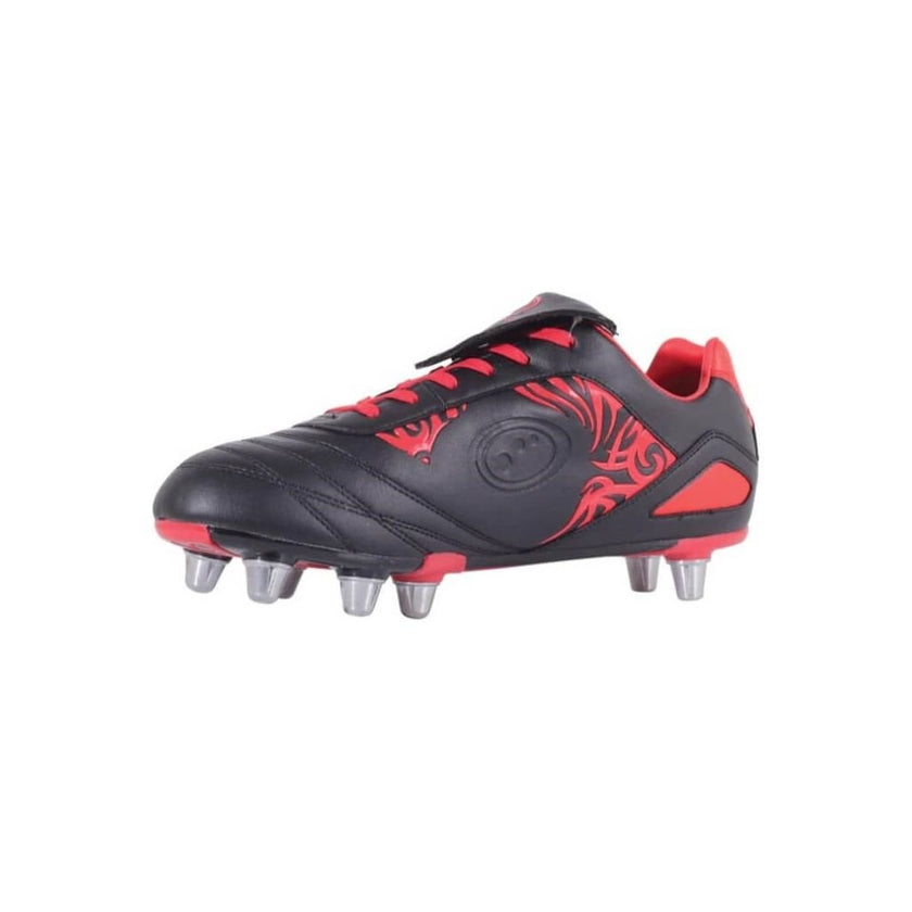 Optimum Razor 8 Metal Stud Rugby Boots in black and red from the left